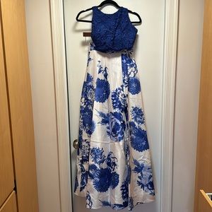 Blue and white crop stop and ball gown skirt set. Size 3.